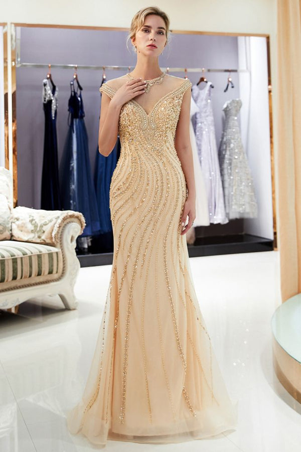 MARTHA Mermaid Floor Length Sleeveless Golden Beading Evening Gowns-Ballbella
