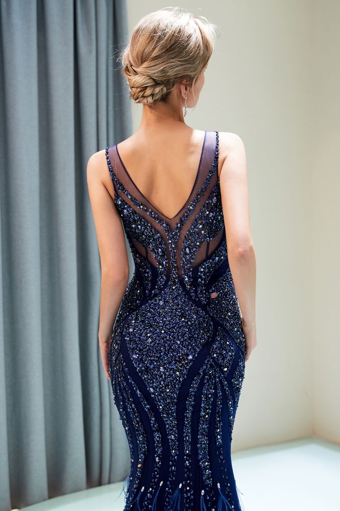Ballbella offers MATHILDA Mermaid Sleeveless V-neck Sequins Pattern Long Evening Gowns at a cheap price from Dark Navy,  Tulle to Mermaid Floor-length hem. Gorgeous yet affordable Sleeveless Prom Dresses, Evening Dresses.