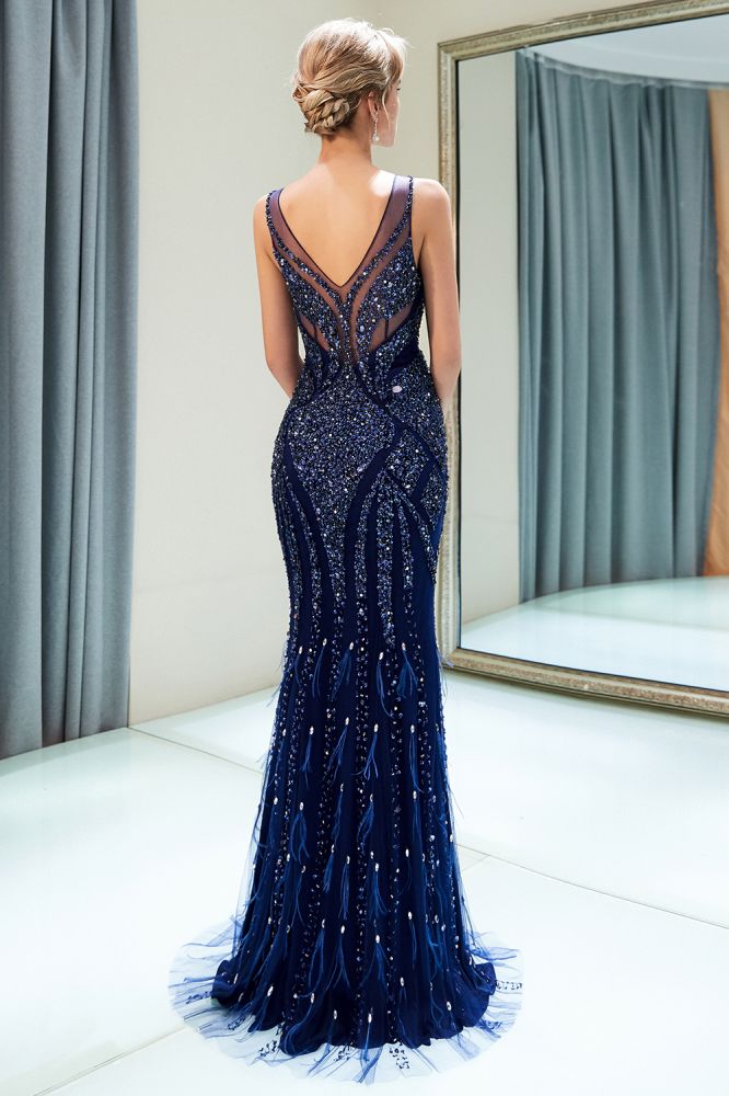 Ballbella offers MATHILDA Mermaid Sleeveless V-neck Sequins Pattern Long Evening Gowns at a cheap price from Dark Navy,  Tulle to Mermaid Floor-length hem. Gorgeous yet affordable Sleeveless Prom Dresses, Evening Dresses.