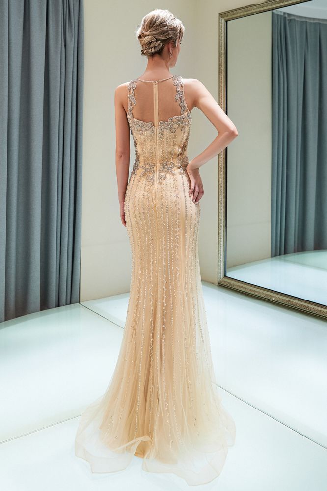 MATILDA Mermaid Floor Length Sleeveless Beading Golden Evening Dresses-Ballbella
