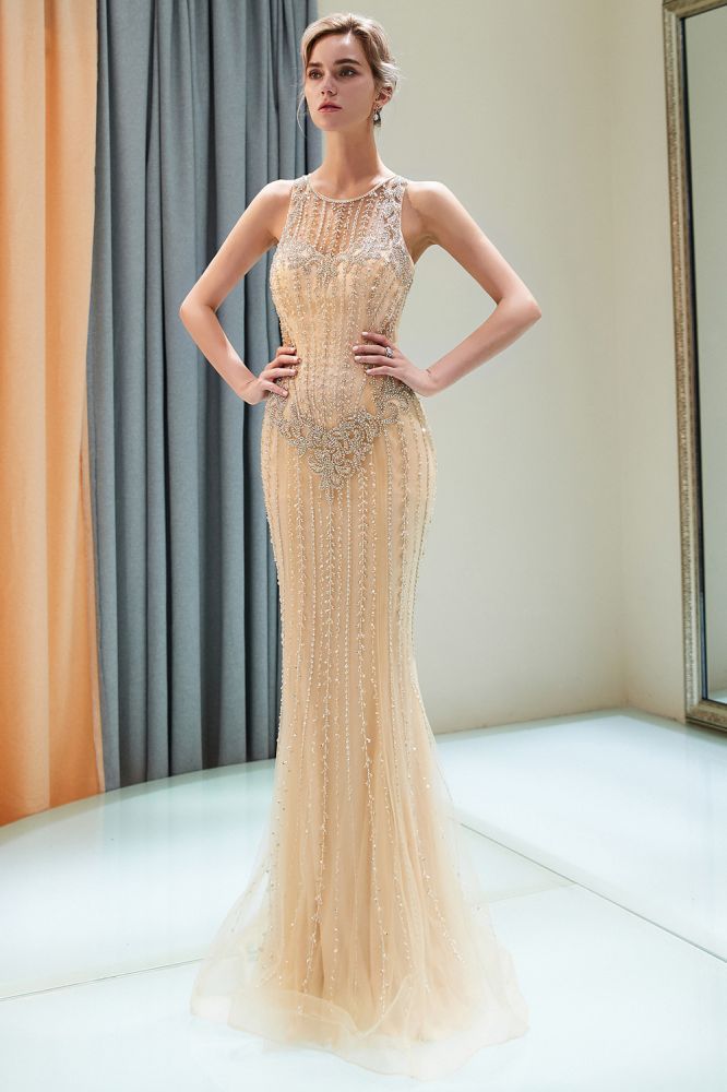 MATILDA Mermaid Floor Length Sleeveless Beading Golden Evening Dresses-Ballbella