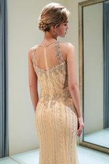 MATILDA Mermaid Floor Length Sleeveless Beading Golden Evening Dresses-Ballbella