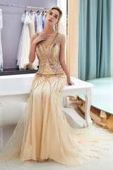 MAUD Mermaid Sleeveless Golden Sequins Beading Formal Party Dresses-Ballbella