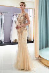MAUD Mermaid Sleeveless Golden Sequins Beading Formal Party Dresses-Ballbella