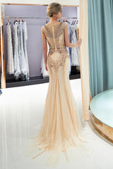 MAUD Mermaid Sleeveless Golden Sequins Beading Formal Party Dresses-Ballbella