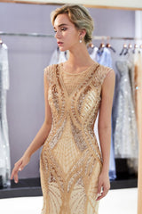 MAUD Mermaid Sleeveless Golden Sequins Beading Formal Party Dresses-Ballbella