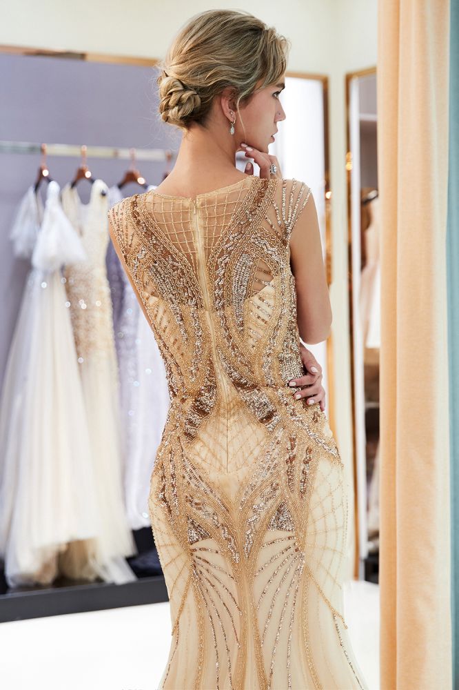 MAUD Mermaid Sleeveless Golden Sequins Beading Formal Party Dresses-Ballbella
