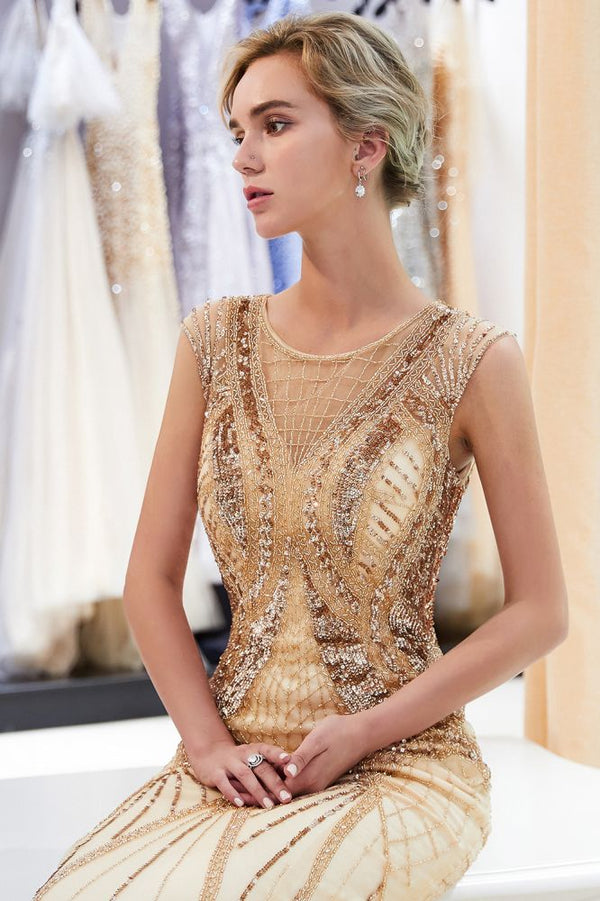 MAUD Mermaid Sleeveless Golden Sequins Beading Formal Party Dresses