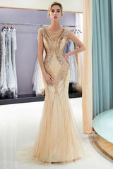 MAUD Mermaid Sleeveless Golden Sequins Beading Formal Party Dresses-Ballbella