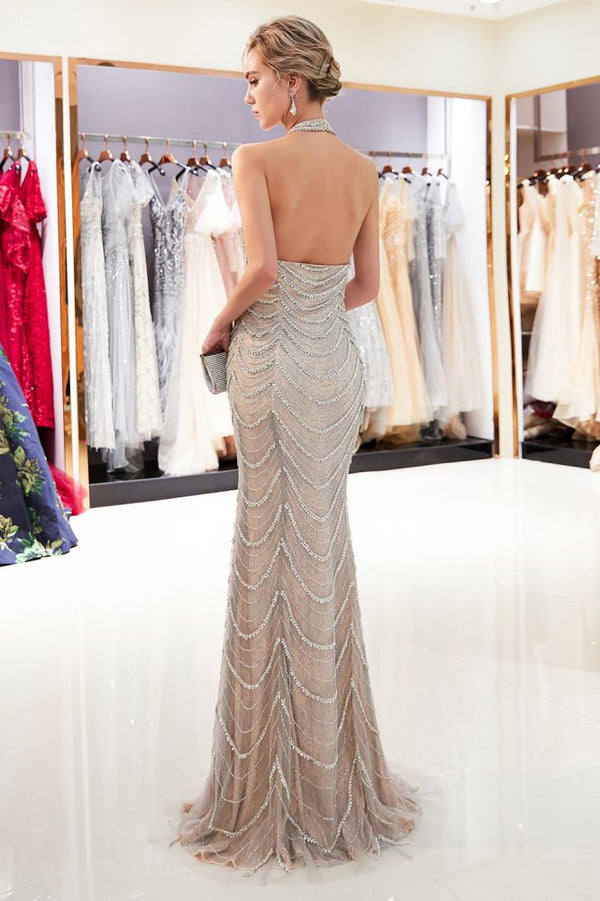 MAURA Mermaid Halter Sleeveless Long Sequined Pattern Evening Dresses-Ballbella