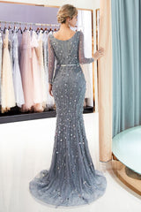 Looking for Prom Dresses, Evening Dresses in Tulle,  Mermaid style,  and Gorgeous Beading, Crystal, Ribbons work? Ballbella has all covered on this elegant MAVIS Mermaid Long Sleevess V-neck Sequins Evening Gowns with Sash.