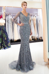 MAVIS Mermaid Long Sleevess V-neck Sequins Evening Gowns with Sash-Ballbella