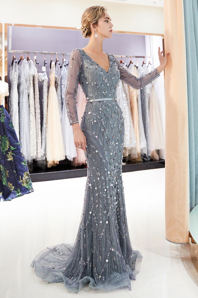 MAVIS Mermaid Long Sleevess V-neck Sequins Evening Gowns with Sash-Ballbella