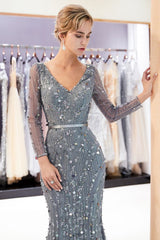 MAVIS Mermaid Long Sleevess V-neck Sequins Evening Gowns with Sash-Ballbella