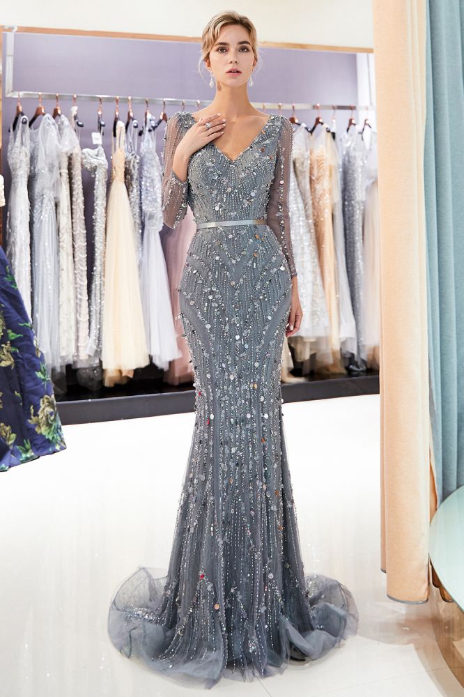 MAVIS Mermaid Long Sleevess V-neck Sequins Evening Gowns with Sash-Ballbella