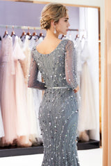 MAVIS Mermaid Long Sleevess V-neck Sequins Evening Gowns with Sash-Ballbella