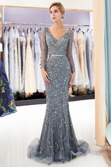 MAVIS Mermaid Long Sleevess V-neck Sequins Evening Gowns with Sash-Ballbella