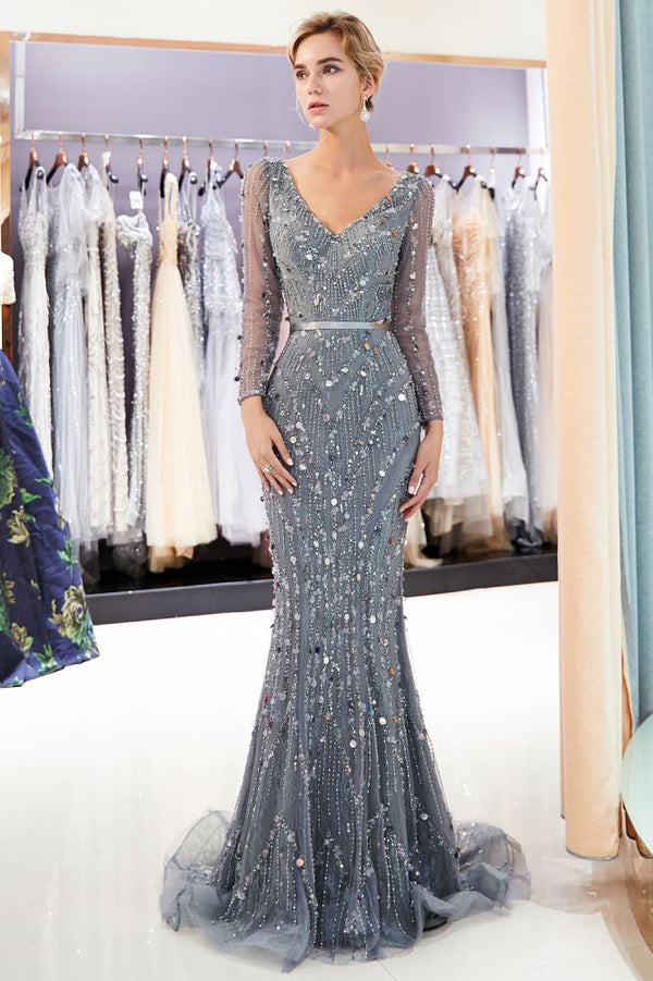 MAVIS Mermaid Long Sleevess V-neck Sequins Evening Gowns with Sash-Ballbella