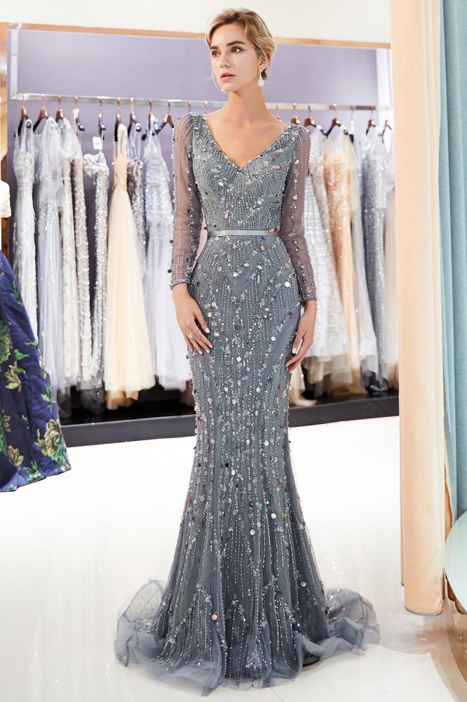 MAVIS Mermaid Long Sleevess V-neck Sequins Evening Gowns with Sash-Ballbella
