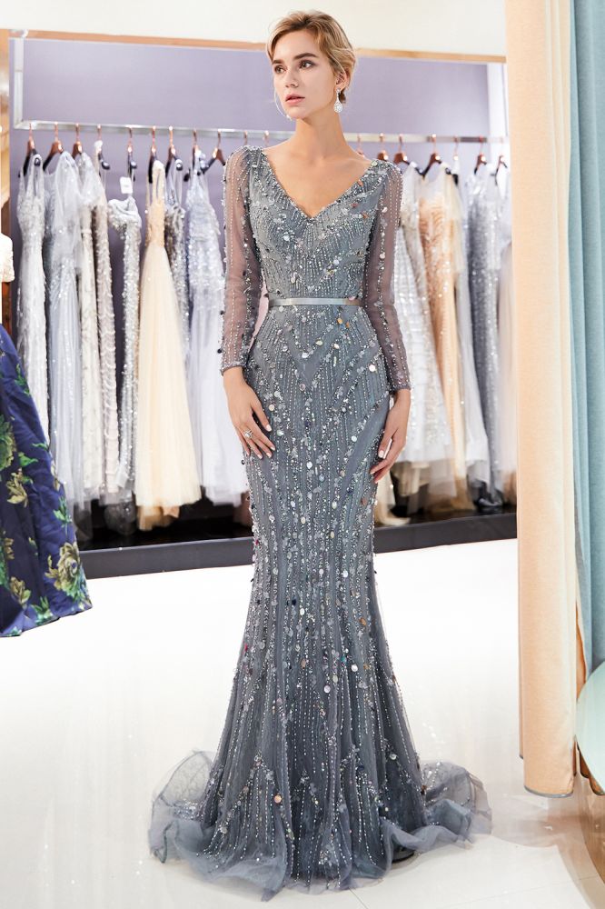 Looking for Prom Dresses, Evening Dresses in Tulle,  Mermaid style,  and Gorgeous Beading, Crystal, Ribbons work? Ballbella has all covered on this elegant MAVIS Mermaid Long Sleevess V-neck Sequins Evening Gowns with Sash.