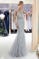Ballbella offers MEG Mermaid Sleeveless Illusion Neckline Crystal Sqeuined Tulle Evening Dresses at a cheap price from Gray,  Tulle to Mermaid Floor-length hem. Gorgeous yet affordable Sleeveless Prom Dresses, Evening Dresses.