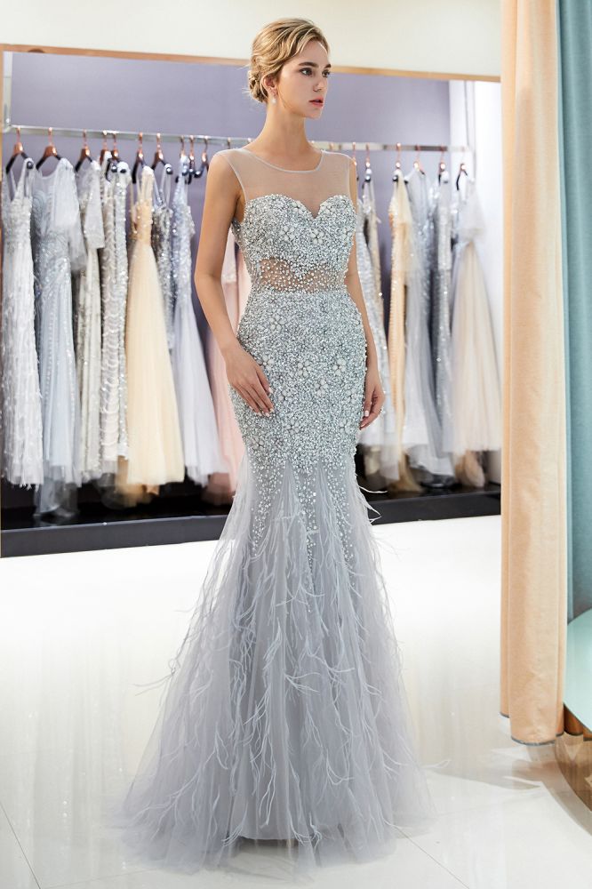 Ballbella offers MEG Mermaid Sleeveless Illusion Neckline Crystal Sqeuined Tulle Evening Dresses at a cheap price from Gray,  Tulle to Mermaid Floor-length hem. Gorgeous yet affordable Sleeveless Prom Dresses, Evening Dresses.