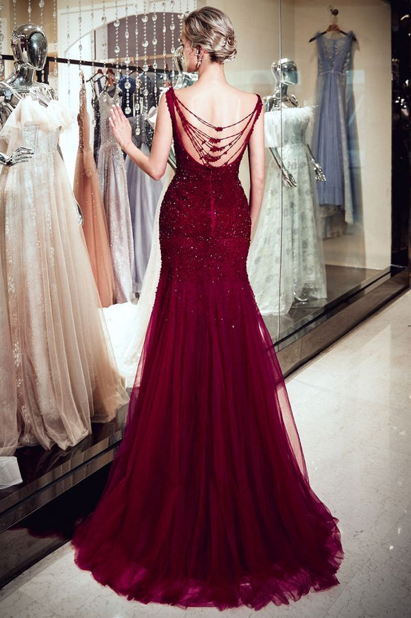 Looking for Prom Dresses, Evening Dresses in Tulle,  Mermaid style,  and Gorgeous Sequined work? Ballbella has all covered on this elegant MELBA Mermaid Sleeveless Long Sequined Tulle Burgundy Evening Gowns.