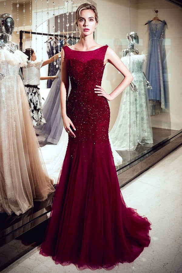 Looking for Prom Dresses, Evening Dresses in Tulle,  Mermaid style,  and Gorgeous Sequined work? Ballbella has all covered on this elegant MELBA Mermaid Sleeveless Long Sequined Tulle Burgundy Evening Gowns.