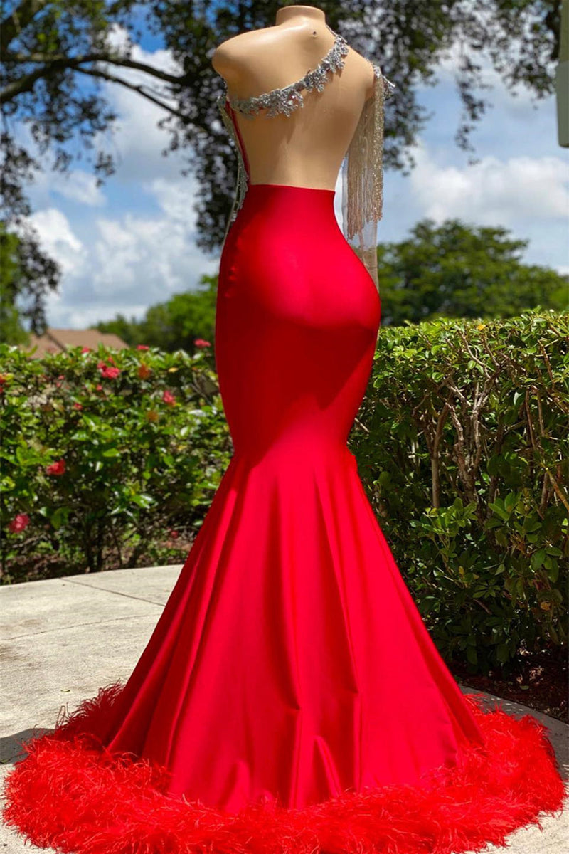 Mermaid Asymmetrical Appliques Lace Sequined Open Back One Shoulder Floor-length Sleeveless Prom Dress With Feather-Ballbella