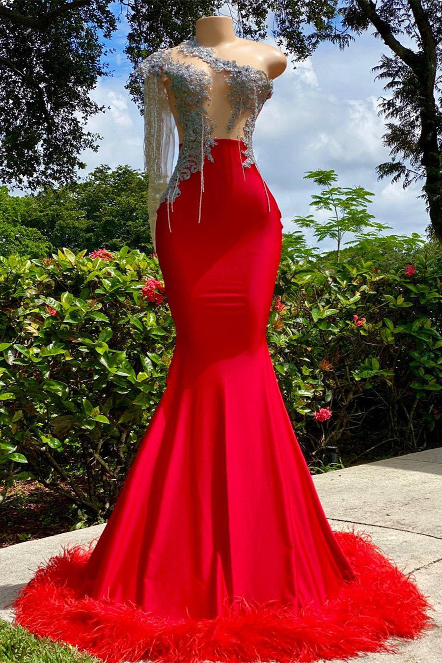 Mermaid Asymmetrical Appliques Lace Sequined Open Back One Shoulder Floor-Length Sleeveless Prom Dress with Feather