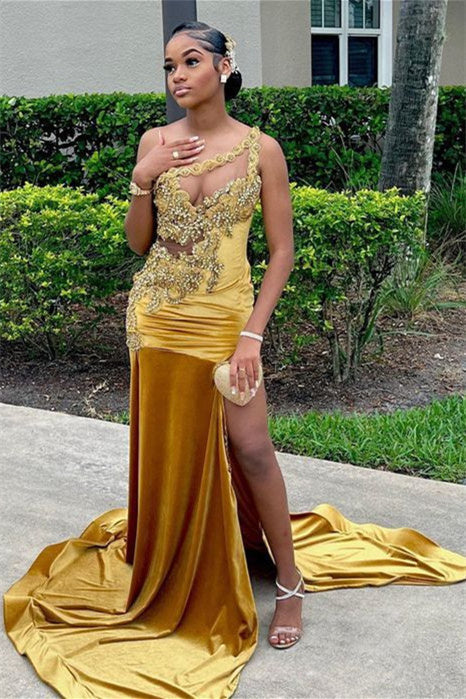 Mermaid Asymmetrical Beaded Lace Sequined Applique High Split Floor-length Sleeveless Prom Dress-Ballbella