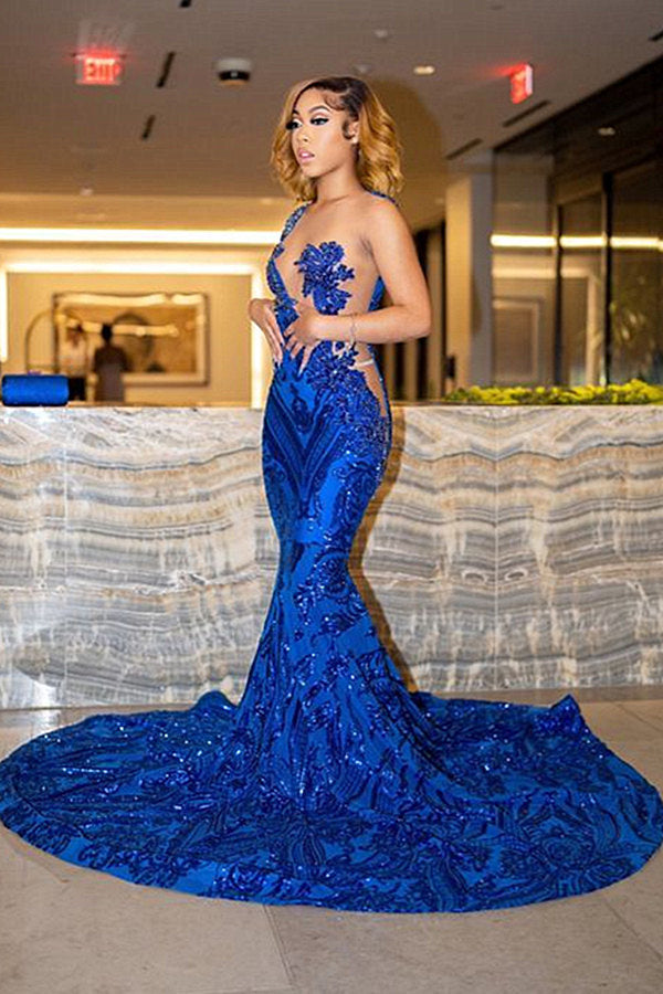 Mermaid Asymmetrical Floor-length Sleeveless Appliques Lace Prom Dress-Ballbella