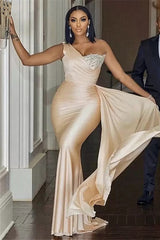 Mermaid Asymmetrical Floor-length Sleeveless Open Back Applique With Side Train Prom Dress-Ballbella