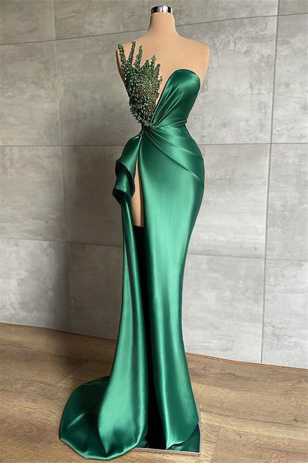 Mermaid Asymmetrical High Split Beaded Floor-length Sleeveless Prom Dress-Ballbella
