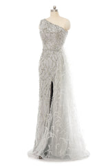 Mermaid Asymmetrical High Split Floor-length Sequined Prom Dress with Feather-Ballbella