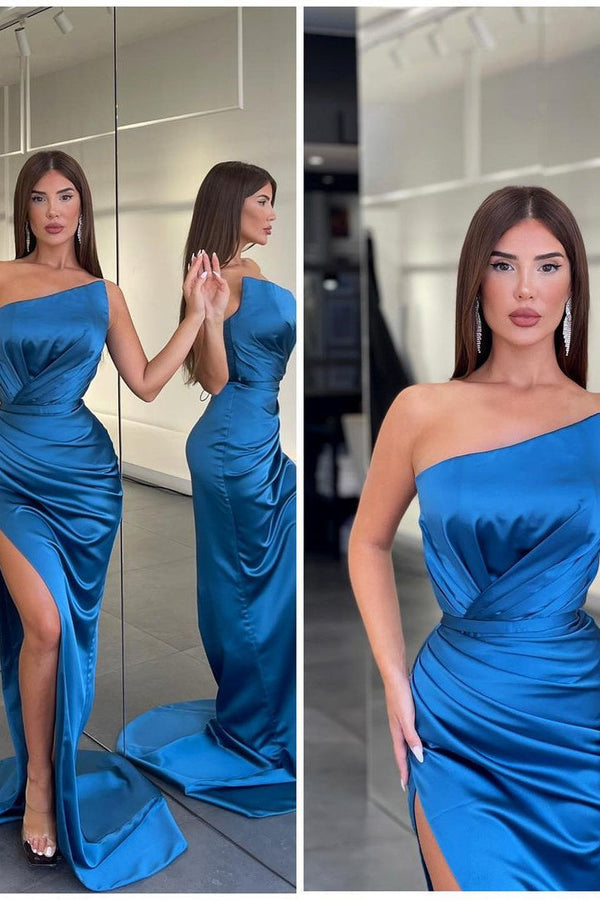 Mermaid Asymmetrical High Split Ruffles Floor-length Sleeveless Open Back Prom Dress-Ballbella