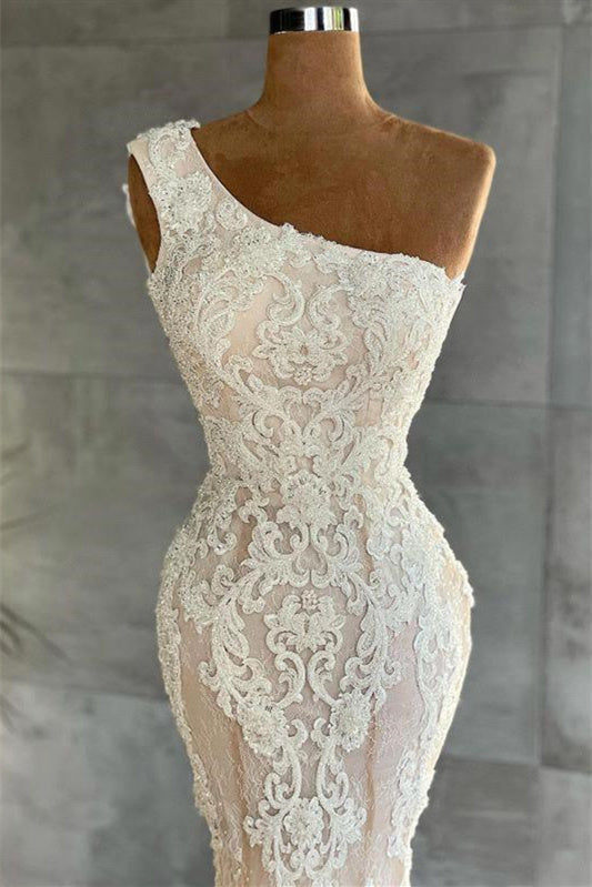 Mermaid Asymmetrical Lace Applique Floor-length Sleeveless Prom Dress-Ballbella