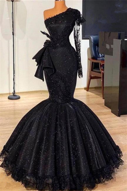 Mermaid Asymmetrical One Shoulder Floor-length Bowknot Appliques Lace Prom Dress-Ballbella