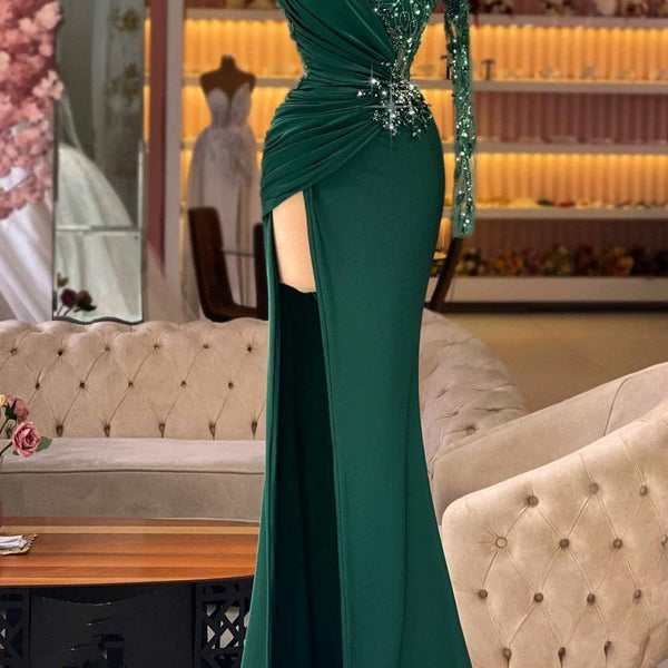 Mermaid Asymmetrical One Shoulder Sequined Floor-length Long Sleeve Lace  Applique Prom Dress