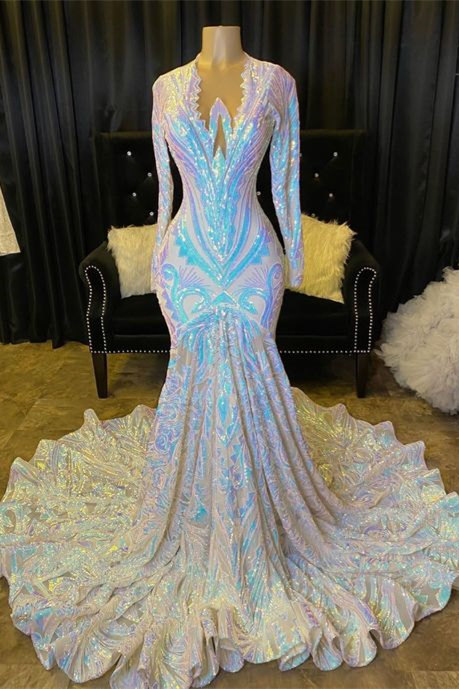 Mermaid Asymmetrical Sequined Floor-length Long Sleeve Appliques Lace Prom Dress-Ballbella