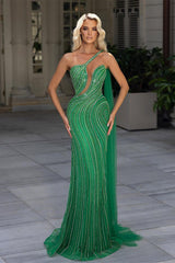 Mermaid Asymmetrical Sequined Floor-length Open Back Sleeveless Lace Prom Dress-Ballbella