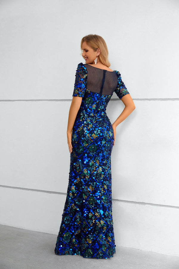 Mermaid Bateau Lace Sequined Floor-length half sleeves Floor-length Elegant Prom Dress-Ballbella