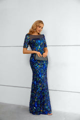 Mermaid Bateau Lace Sequined Floor-length half sleeves Floor-length Elegant Prom Dress-Ballbella