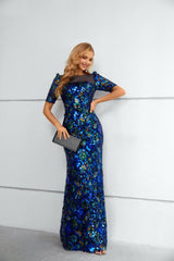 Mermaid Bateau Lace Sequined Floor-length half sleeves Floor-length Elegant Prom Dress-Ballbella