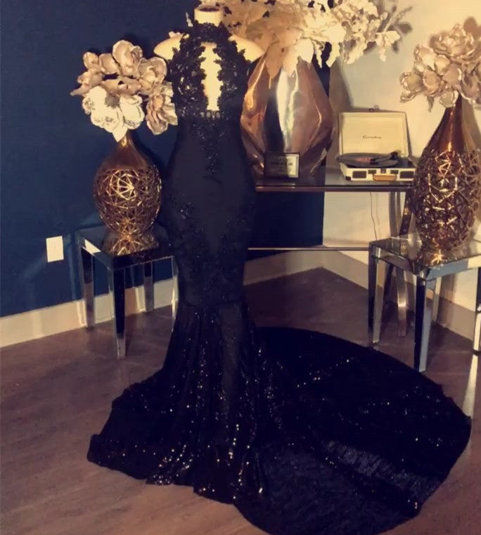 Wanna Prom Dresses, Evening Dresses in black,  Mermaid style,  and delicate hand work? Ballbella has all covered on this elegant Mermaid Black Appliques High-Neck Sleeveless Long Prom Dresses yet cheap price.