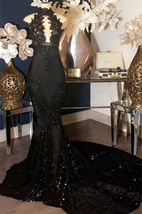 Wanna Prom Dresses, Evening Dresses in black,  Mermaid style,  and delicate hand work? Ballbella has all covered on this elegant Mermaid Black Appliques High-Neck Sleeveless Long Prom Dresses yet cheap price.