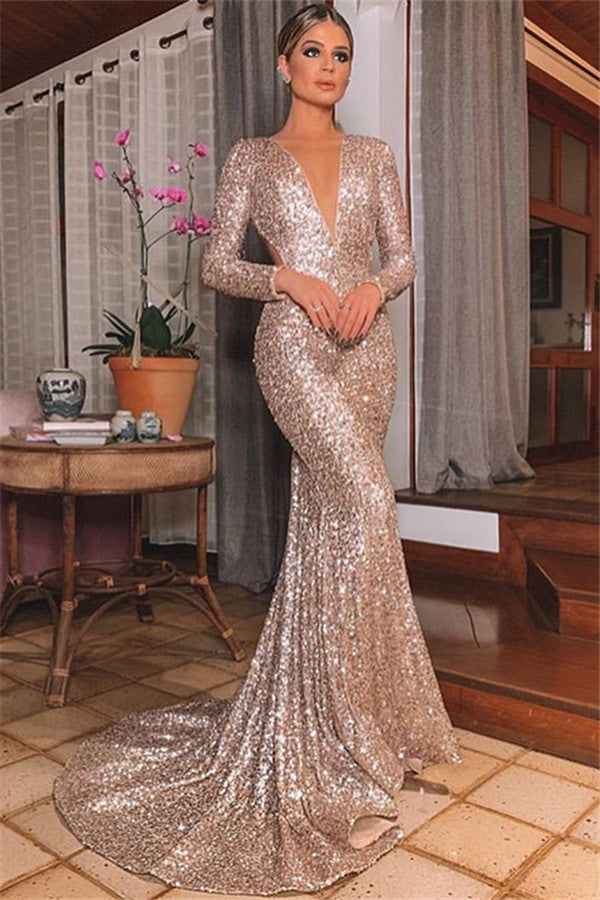 Ballbella offers you Mermaid Chic Silver Backless Lone-Sleeves V-Neck Sequins Evening Dresses at lowest price,  free shipping & fast delivery worldwide,  shop your perfect prom dresses today.
