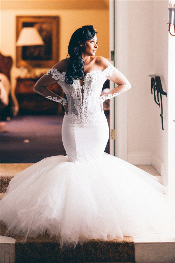 Mermaid Deep V-neck Floor Length Tulle Applique Wedding Dress-Ballbella