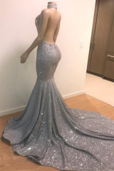Mermaid Deep V-neck Halter Chapel Backless Paillette Prom Dress-Ballbella