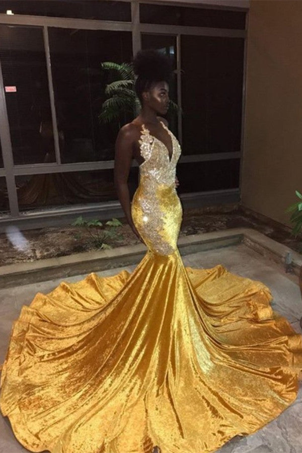 Mermaid Deep V-neck Halter Chapel Beading Prom Dress-Ballbella